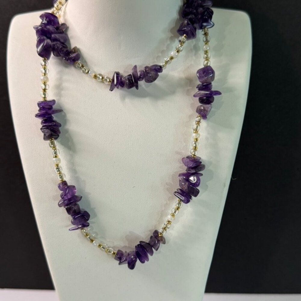 NWOT Beautiful & Stylish Handmade Amethyst Nugget & Bead Pattern 28" Necklace - Picture 2 of 11